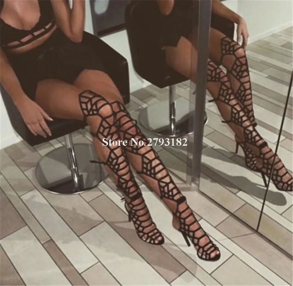 Sexy Black Suede Cut-out Over Knee Gladiator Boots Women Peep Toe Thin Straps Cross Stiletto Heel Long Sandal Boots Party Heels