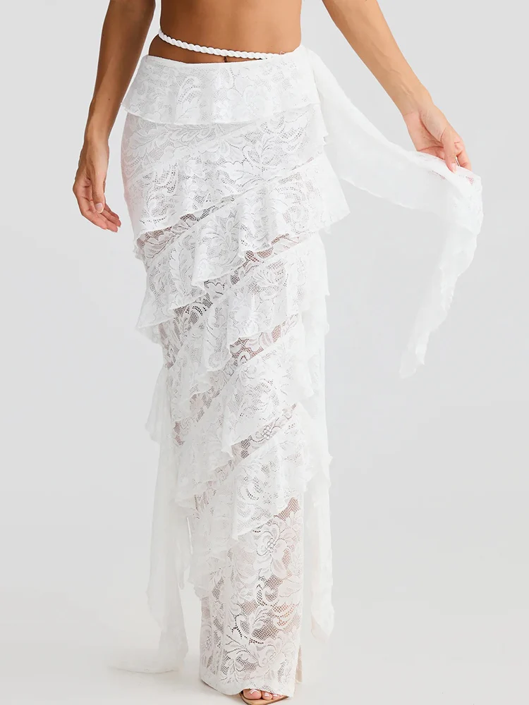 

JULISSA MO Sexy See Through Lace Ruffle Women Skirt White Printed Floral High Waist Skirt Female Summer Slim Elegant Beach Skirt