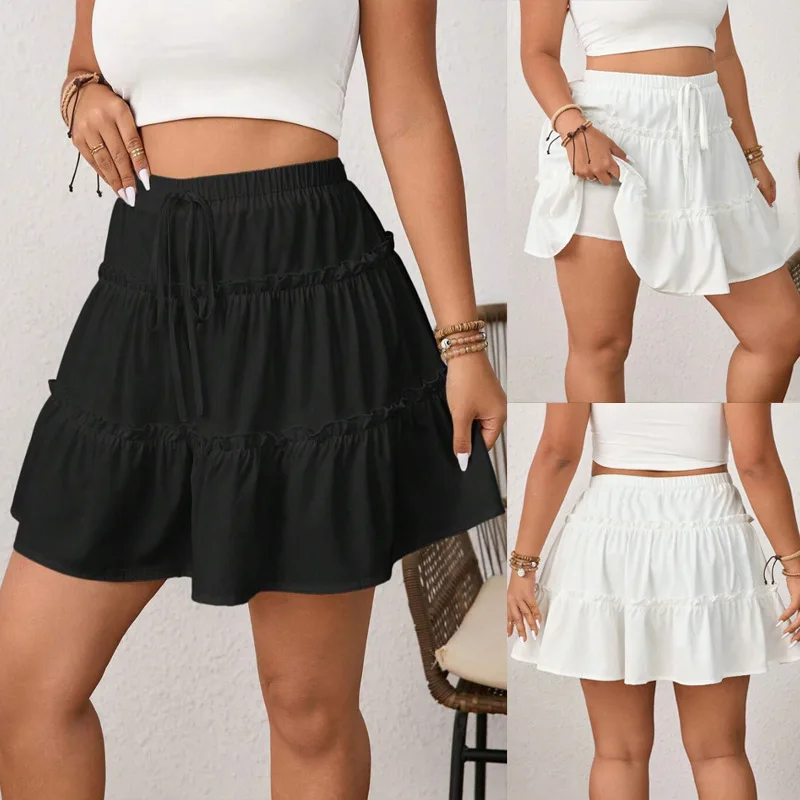 Summer Sweet Tiered Adjustable Tie Fake Two-Piece Midi Skirt Women's Casual