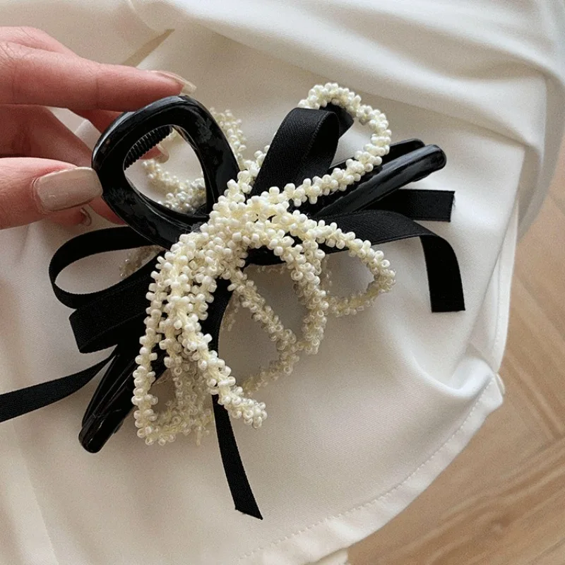 Koreanische Haarspange mit französischer Quaste, Perlen und Schleife für Damen, Haarspange für den Hinterkopf, Haarklammer, elegantes Haar-Accessoire