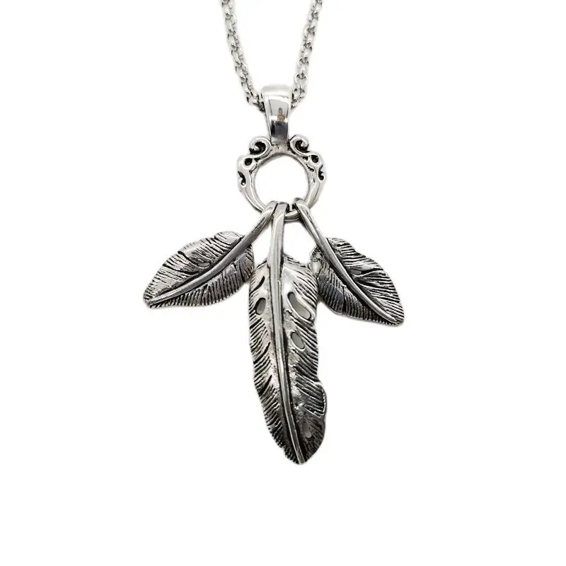 Black Knight 3pcs Stainless steel Eagle feather pendant necklace Vintage silver color Indian style Feather necklace BLKN0724