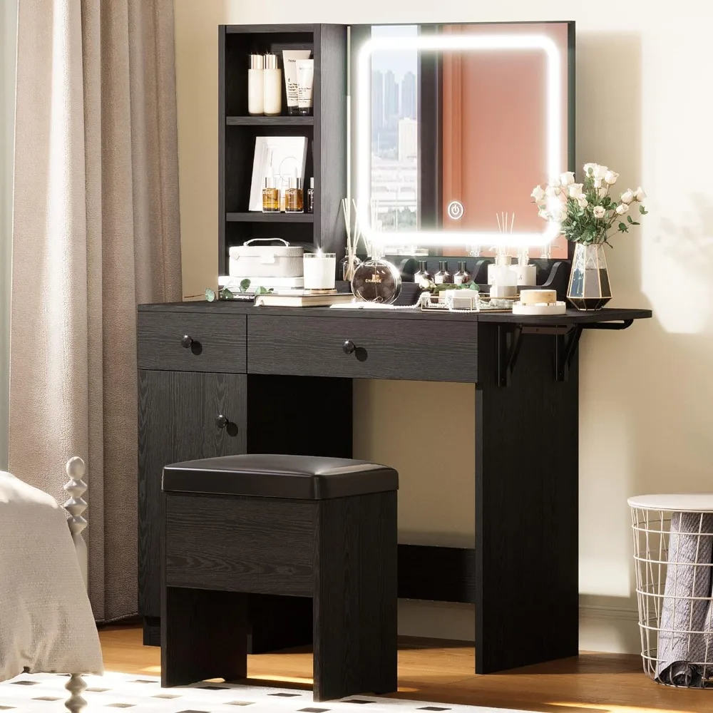 Vanity Desk with LED Lighted Mirror & Power Outlet, Makeup Table with Drawers & Cabinet, Storage Stool, for Bedroom, Black