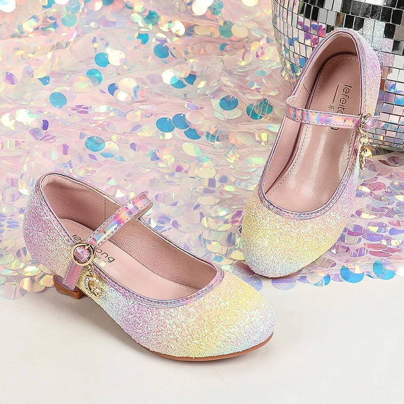 Kids Heels Fashionable Gorgeous Crystal Princess Shoes Gradient Color Blocking Princess Crystal Little Fairy Girl Leather Shoes