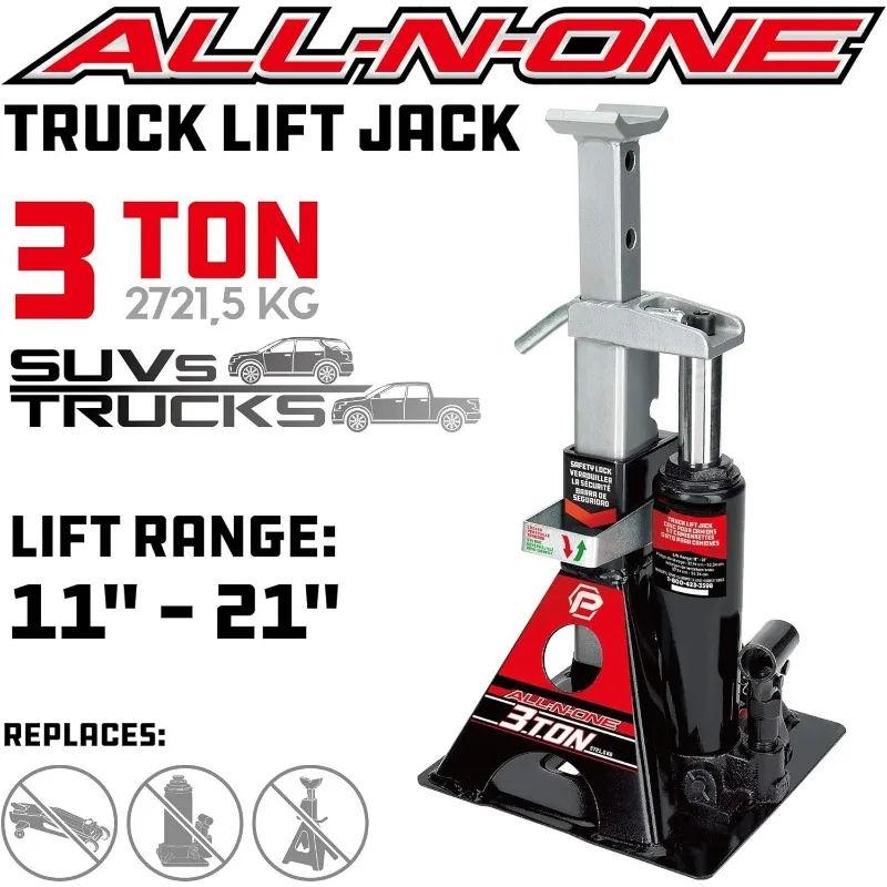 3 Ton, Bottle Jack and Jack Stands in One, 6000 Pound All-in-One Car Lift, Heavy Duty Vehicle Unijack, 640912