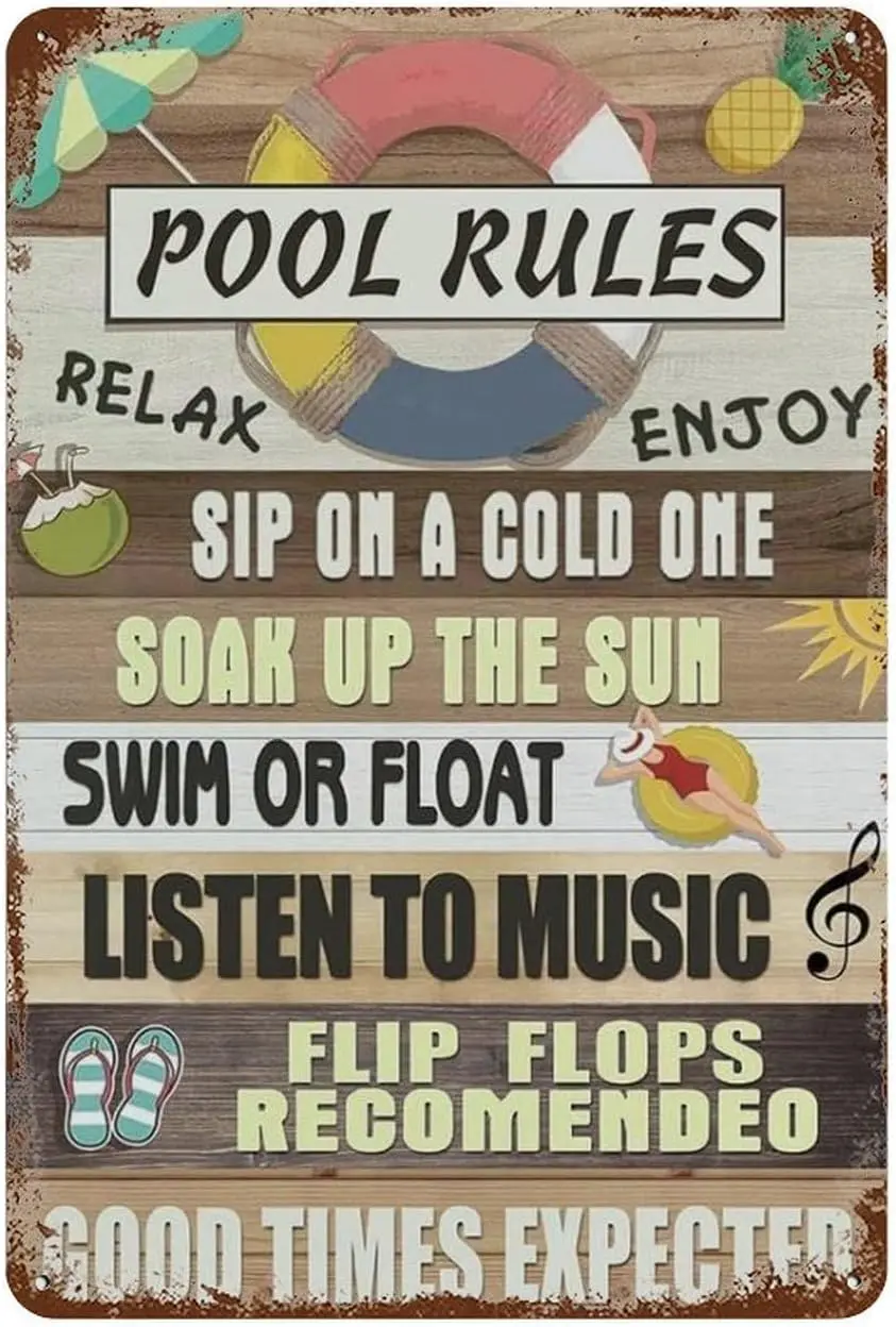 Metal Tin Sign Pool Rules Vintage Metal Tin Sign Home Office Decorations 8X12 Inch