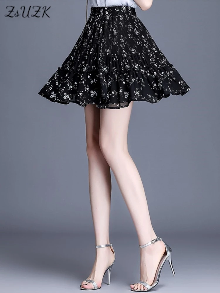 

ZUZK Summer Lady Floral Sexy Chiffon Skirt New Elastic Waist Vintage Mini Female Skirt Slimple Elegant Cool Fairy Skirt 420403