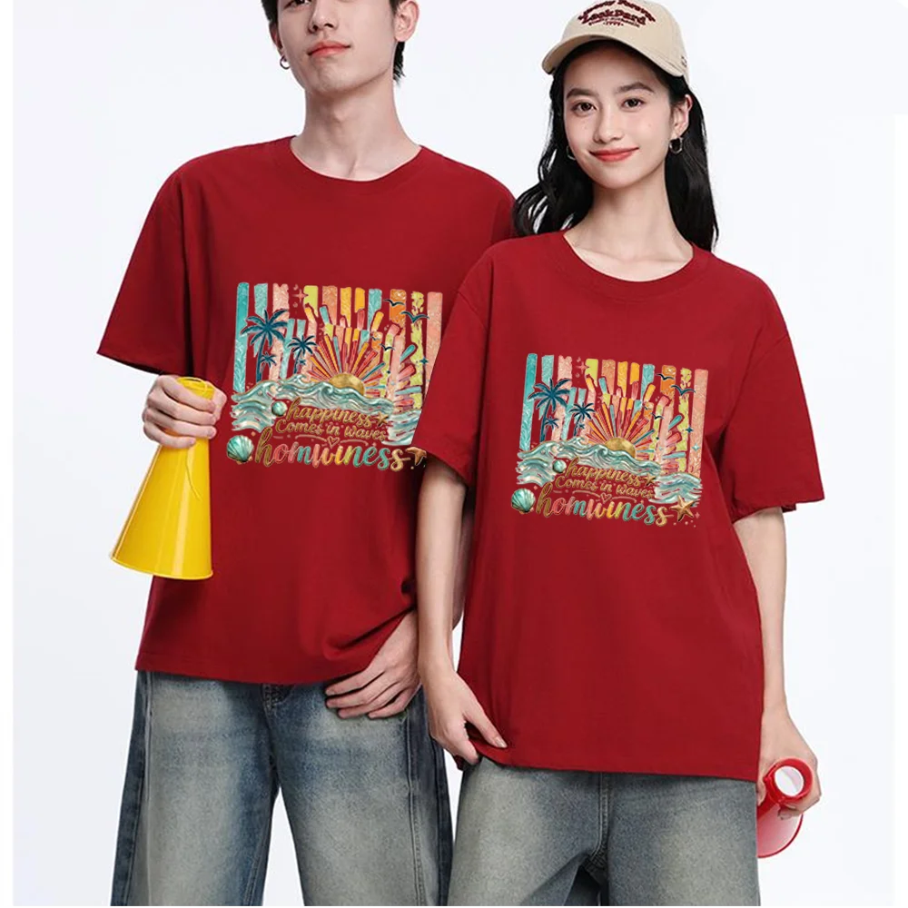 Happiness Waves Sunset Palm Tree Printed T Shirt Breathable Fabric S-XXL Personalized Custom Casual Short Sleeve Tee Aesthetic G