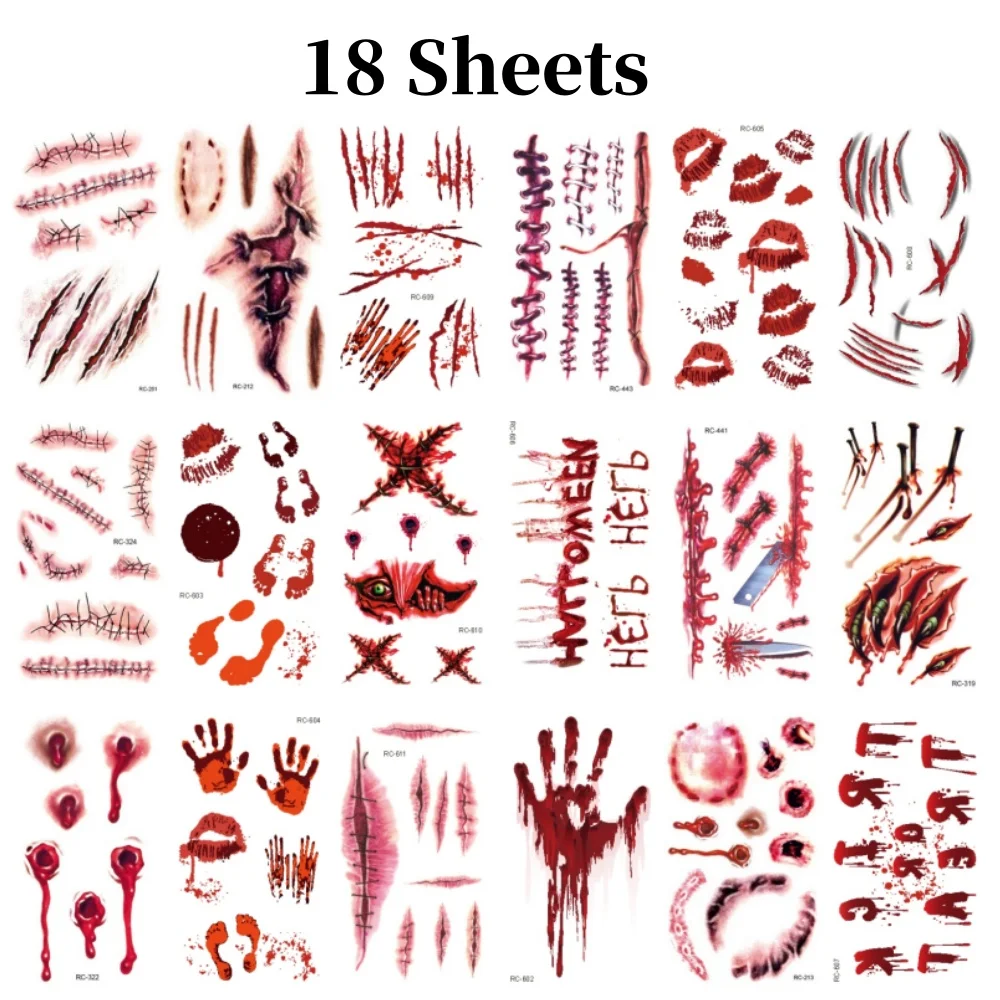 18 ورقة محاكاة المؤقتة وهمية الجرح الدموي ملصق واقعية الإرهاب الجرح هالوين حزب الوشم المؤقت