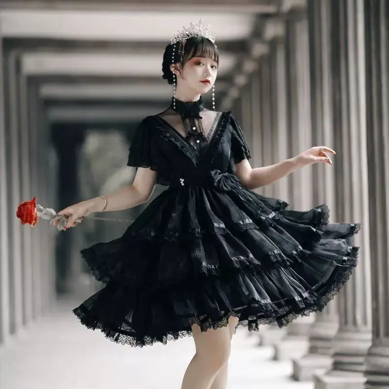 

Sweet Lolita Princess Dress Women's Gothic Y2k Lace Bow Ruffle Flower Wedding Dress Girl's Fashionable Evening Dress
