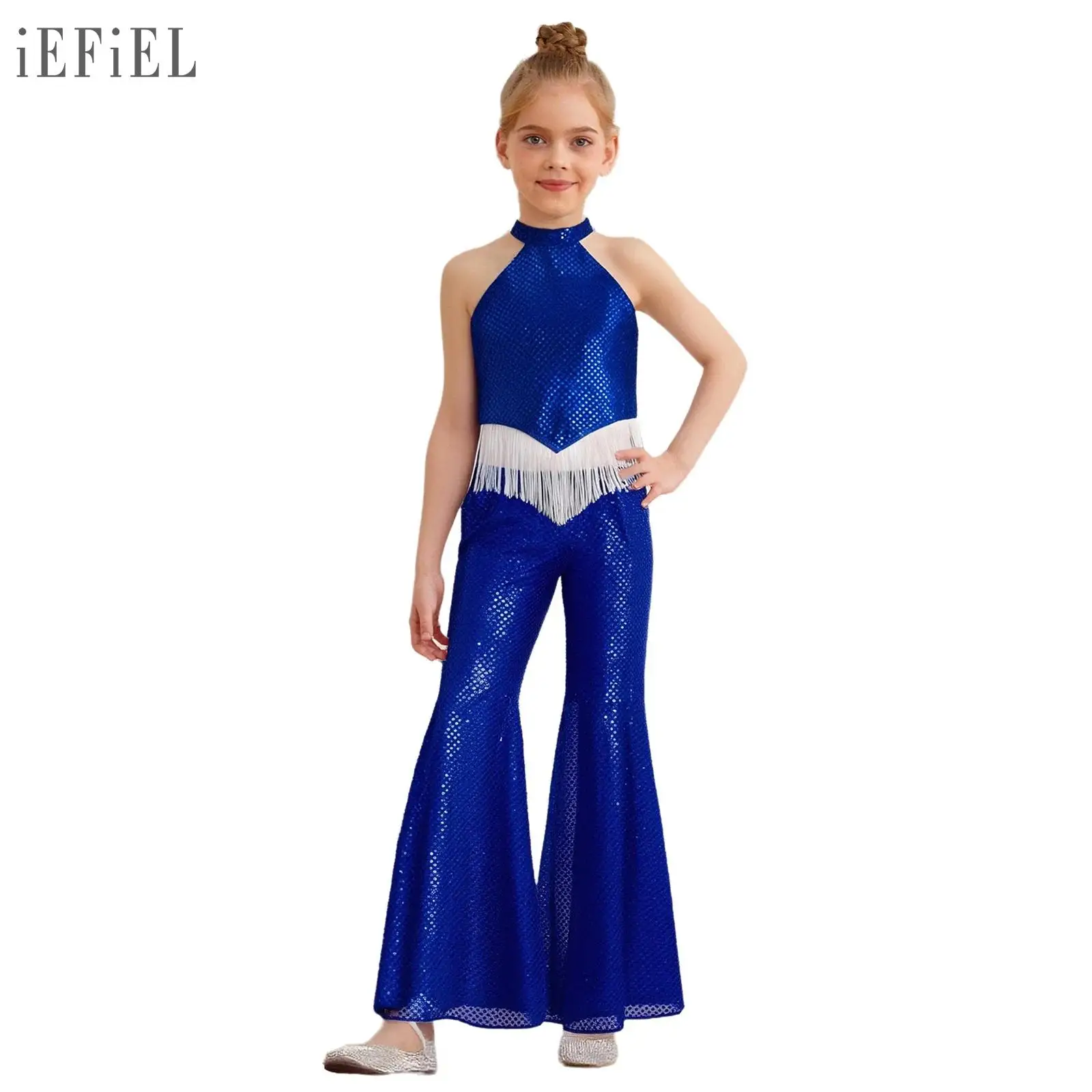

Kids Girls Jazz Dance Costume Sparkling Sequins Halter Sleeveless Crop Top with Bell-Bottom Pants Set Jazz Party Dancewear