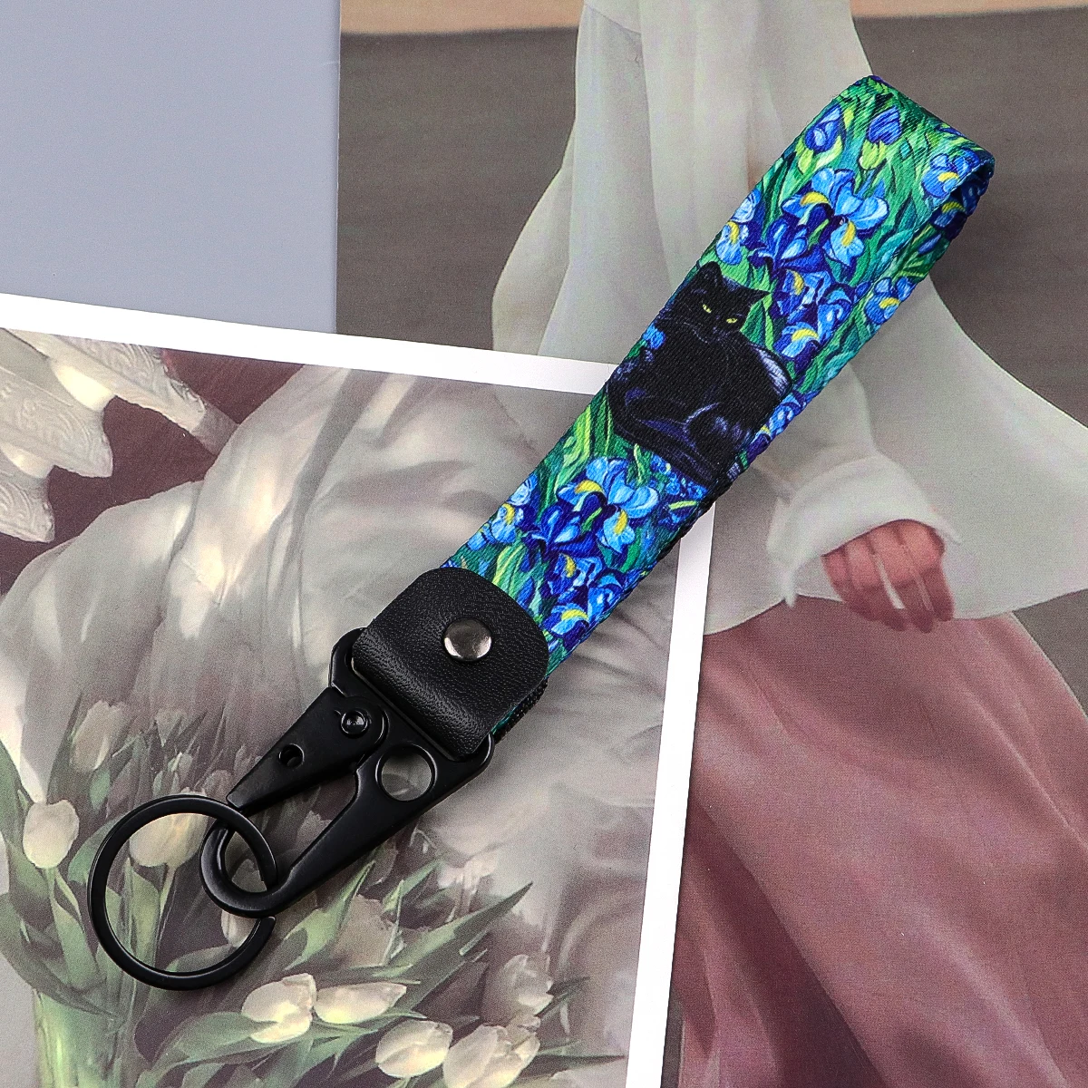 خمر الزهور نمط المفاتيح القط الأسود المفاتيح للنساء الرجال حلقات المفاتيح الفن قصيرة الحبل العلامات الرئيسية تأثيري اكسسوارات الهدايا #3