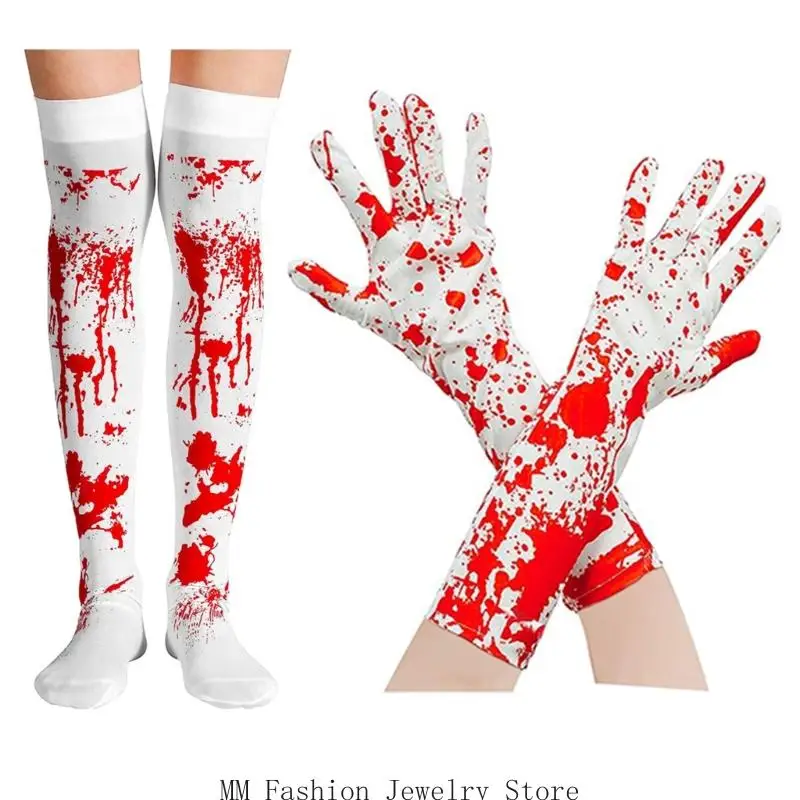 D0UB 1/2Pcs Scary Bloody Thigh High Stockings Elbow Length Gloves Cosplay Halloween Costume Bloodstain Props for Women Men