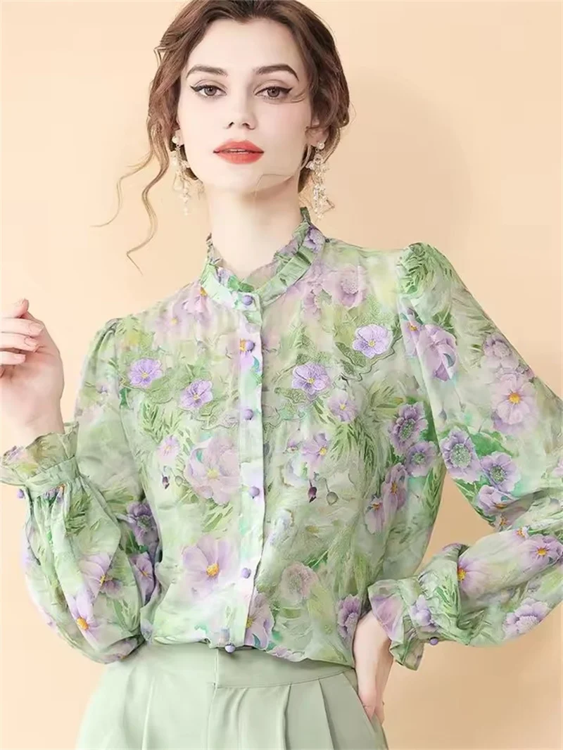 

French Green Ruffled Collar Shirt Women Spring Summer Outerwear Blouse Chiffon Thin Long Sleeve Print Flower Women's Top