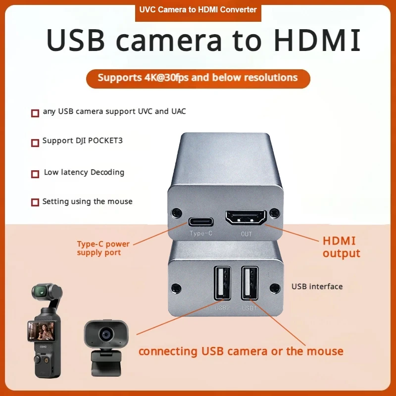 4K UVC USB Camera To HDMI Converter for DJI Pocket 3 4 Action 5 Pro 6 To Video Capture Card Live Streaming Switcher / TV Monitor
