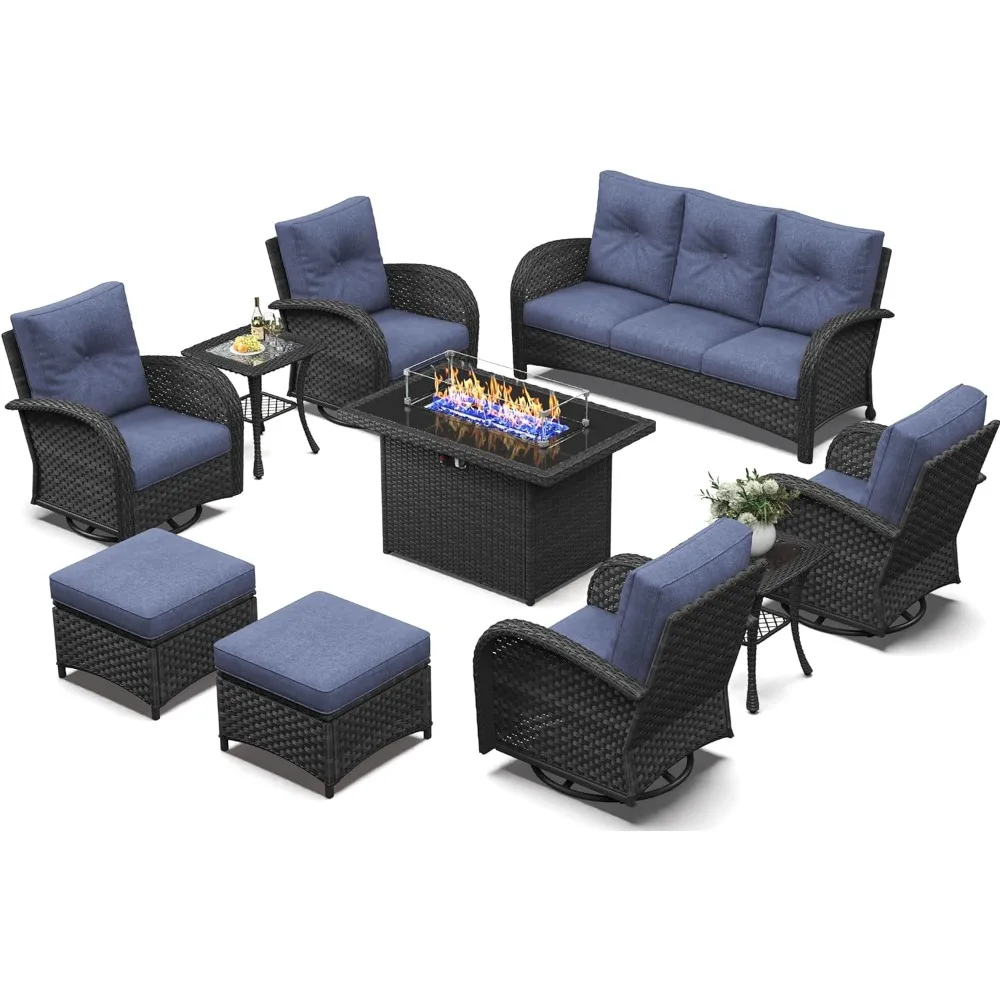 10 Piece Patio Furniture Set with Fire Pit Table, Wicker Rattan High Back Outdoor Swivel Chair Set, 	Black /Navy Blue