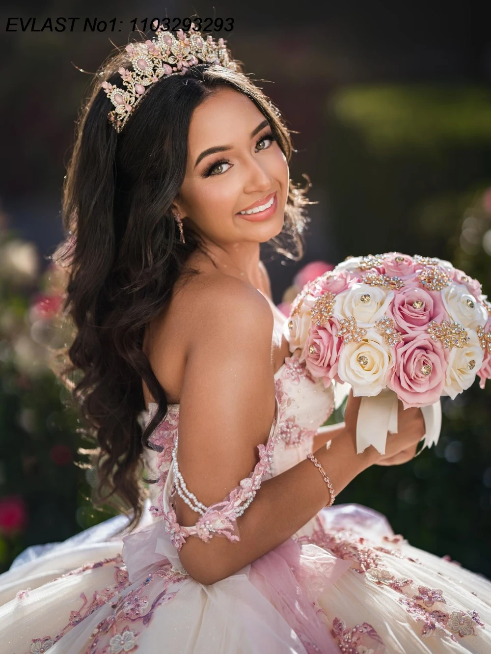 EVLAST Personalizado Glitter Marfim Quinceanera Vestido de Baile Rosa Floral Applique Beading Doce 16 Vestidos De 15 Anos E1QN652