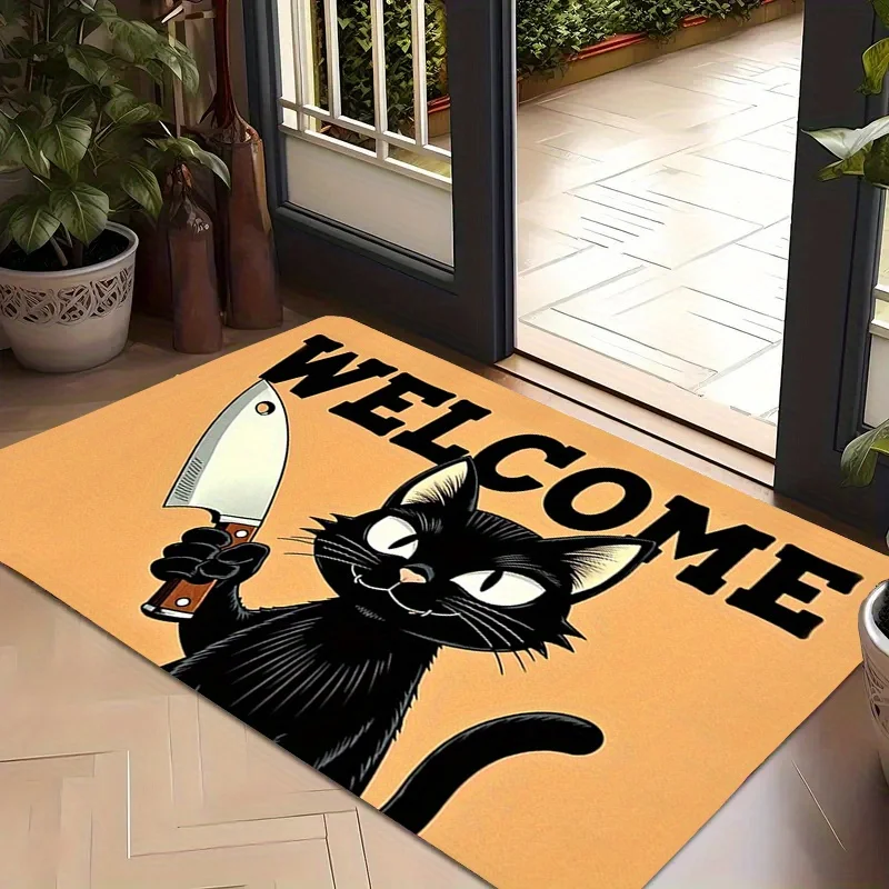 Funny Black Cat Holding Knife Welcome Door Mat, Halloween Horror Theme Floor Rug, Novelty Entrance Carpet, Non-slip Home Decor