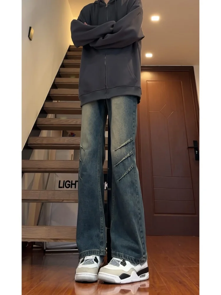 

Мужские джинсы Cleanfit с высокой талией и широкими штанинами, осенне-зимние, в американском уличном стиле, повседневные длинные брюки с плиссировкой и декоративными элементами