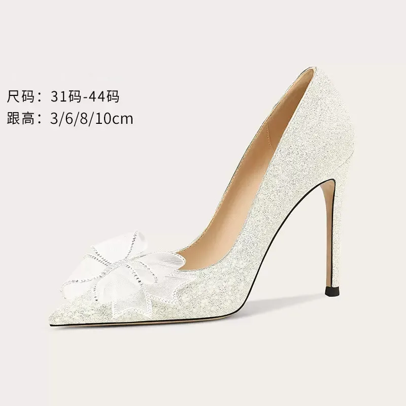 Spring and summer new pointy shallow sequins butterfly wedding shoes thin high heels party dress large small women's single shoe