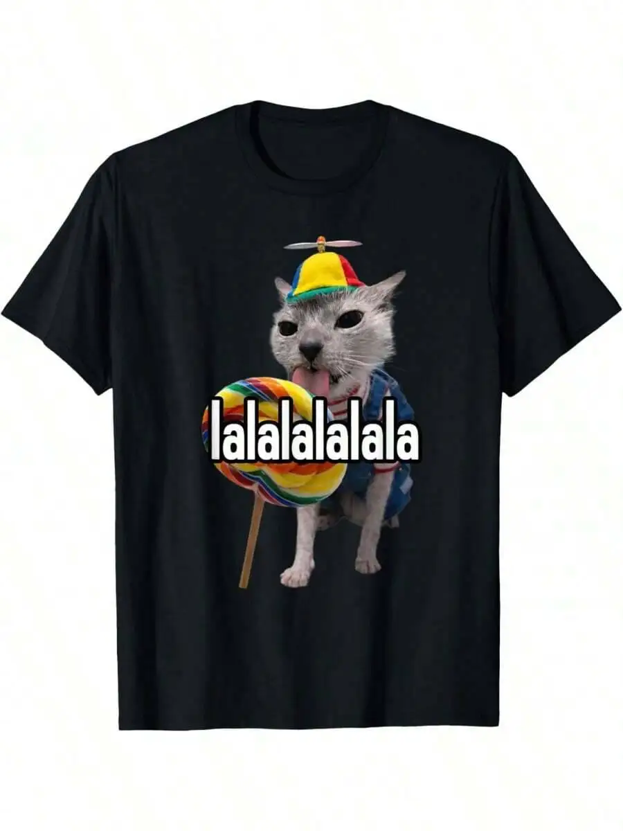 Lalalala Funny Silly Cat With Lollipop Meme Men Women T-Shirt 100% Cotton Trendy Y2K Short-Sleeve Tee-Soft, Quick-Drying,