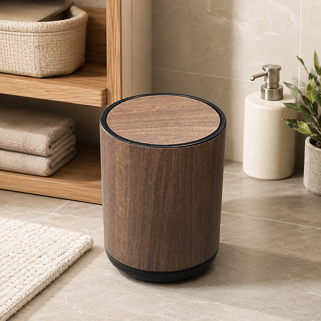 Round Wood‑Grain Plastic Trash Can with Flip‑Top Lid, Decorative Lidded Garbage Bin with Removable Inner Bucket, Modern Stylish Odor‑Sealed Waste Bucket for Bathroom, Bedroom, Living Room, Home Office