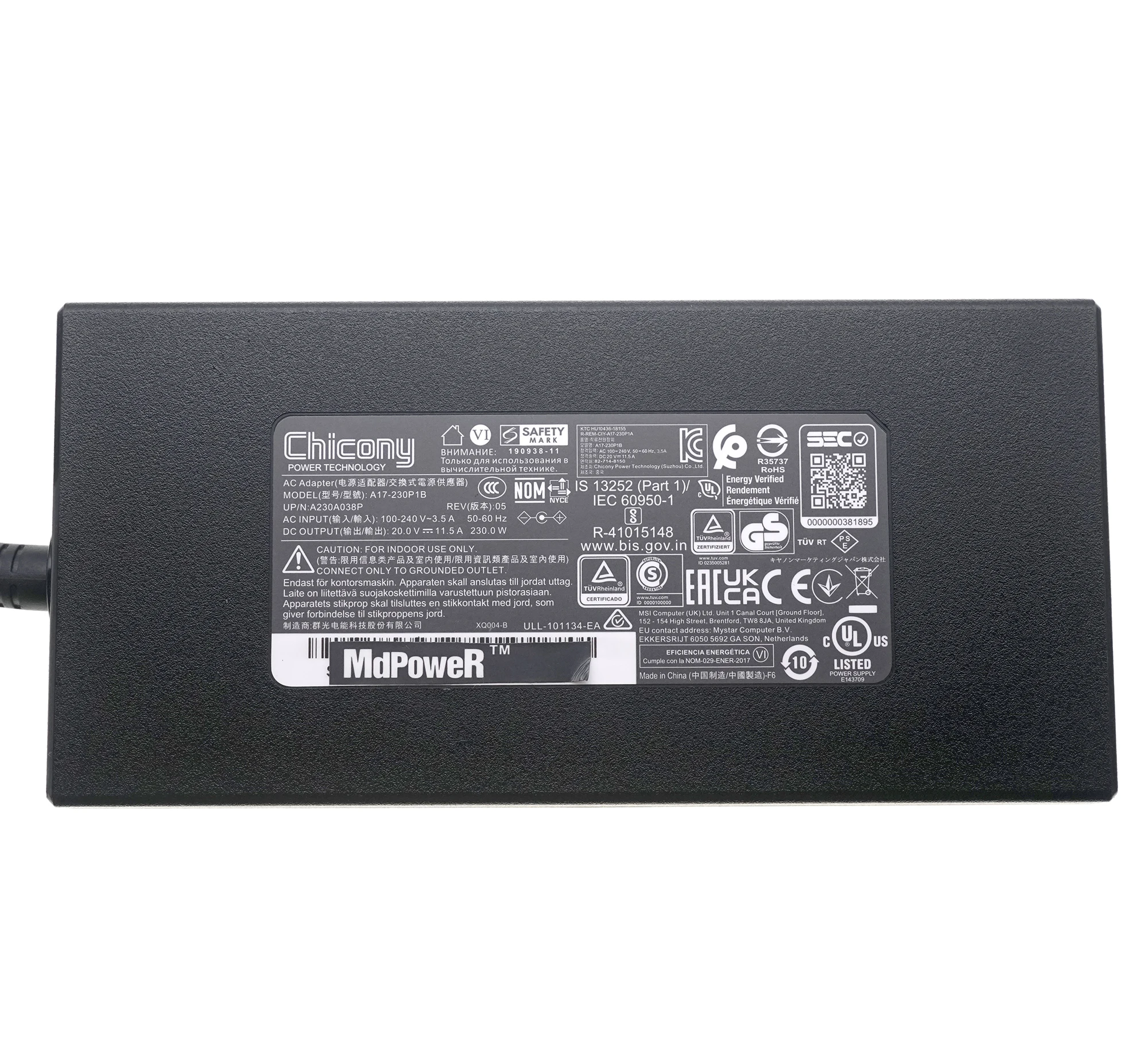 Genuine Chicony A17-230P1B 230W A230A038P AC Adapter Charger For MSI Creator 15 A10UH Laptop Power Supply 20V 11.5A 5.5x2.5mm