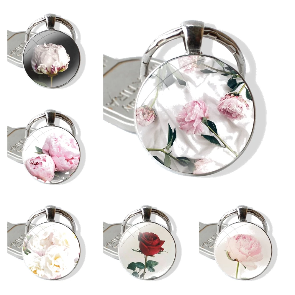 Keychain Handmade Glass Cabochon Key Ring Holder Pendant Key Chains Rose and Peony