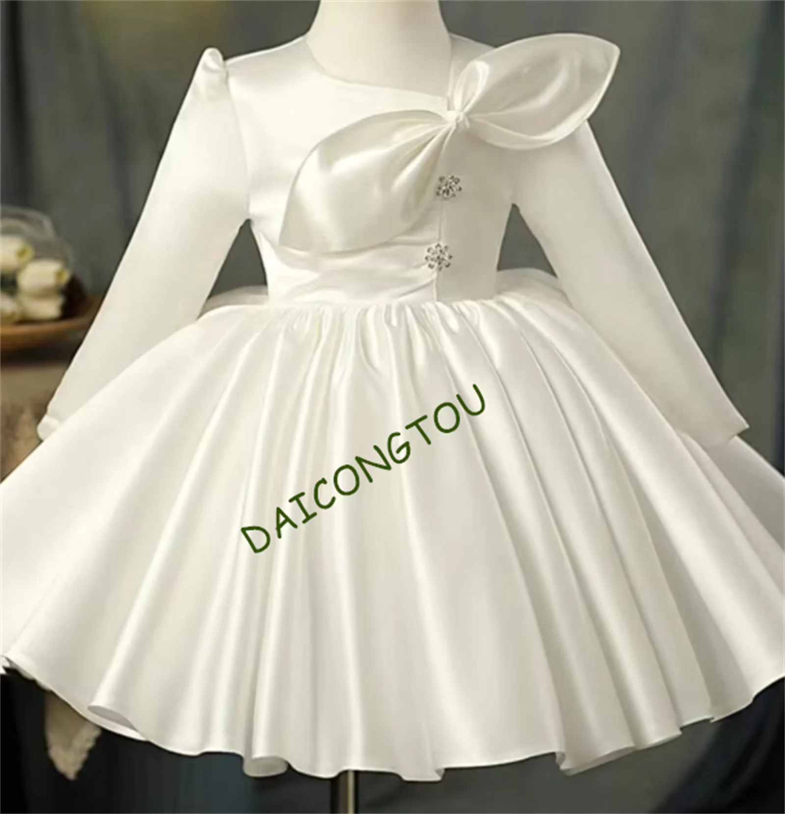 CuteWhite Satin Flower Girl Dress with Long Sleeve Baby Girl Christening Dress A Line Toddler Birthday Dress Prom Party Gown