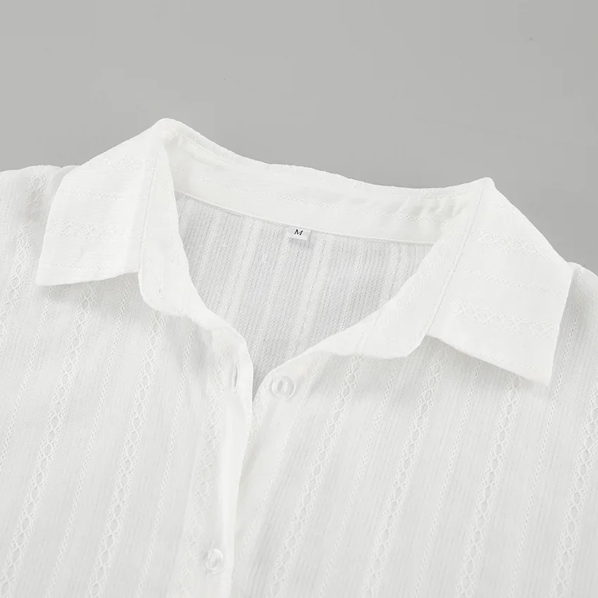 Весна-осень 2026, хлопковая рубашка, женская блузка Dobby, отложной воротник, расклешенные рукава, карьерная белая рубашка на шнуровке, топ