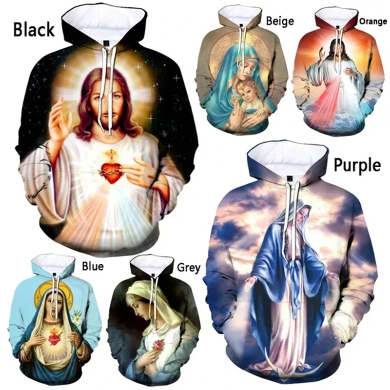 New Christian Jesus 3D Printed Hoodie Fashion Personality Christian Hooded Unisex Fun Virgin Mary Print Pullover Hoodie Apparel