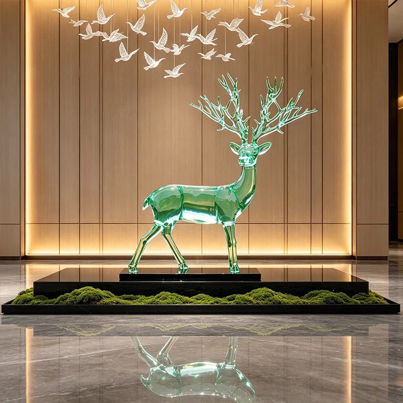 *#Q Hand-painted Hollow Antler Transparent Resin Deer Statue Artistic Crystal Green Texture Gifts Sales Center Resort&