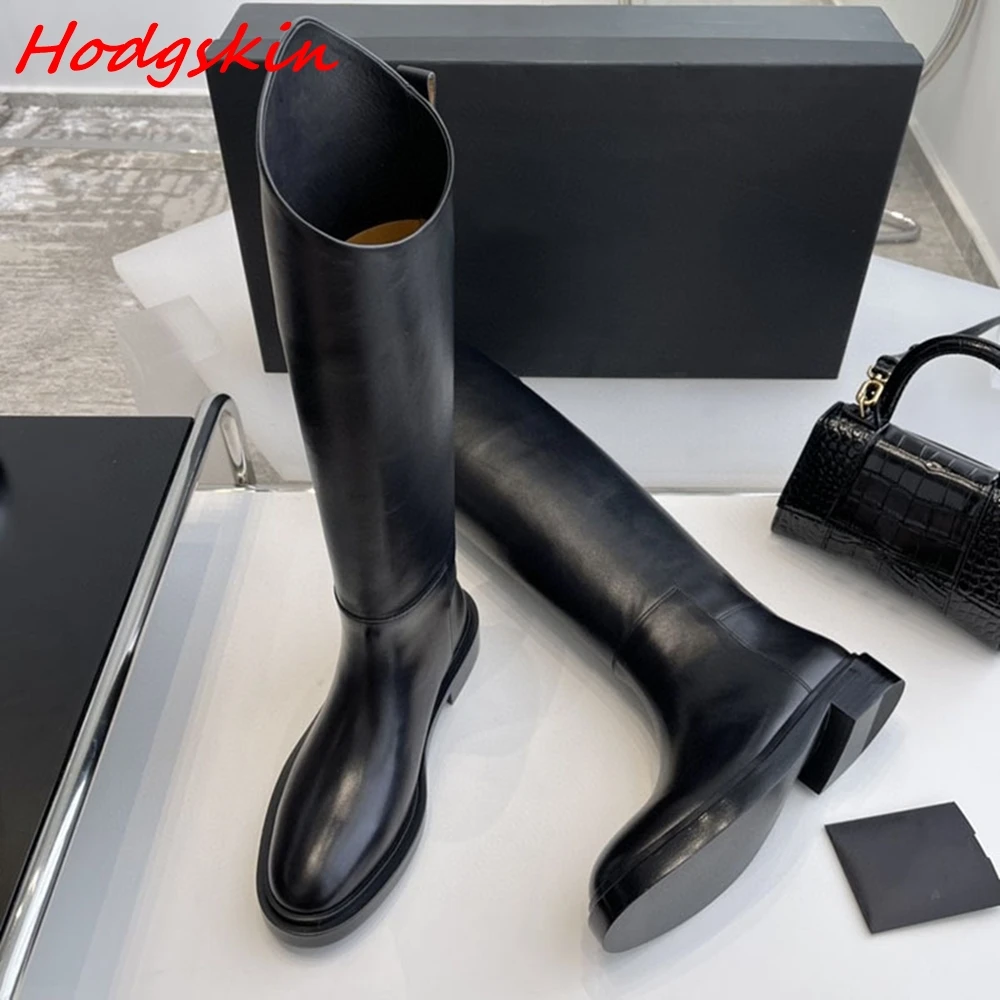 Black Irregular Bevel Women Boots Round Toe Thick Sole Slip On Flat with Shoes Classic All-match Fashion Knee High Boots