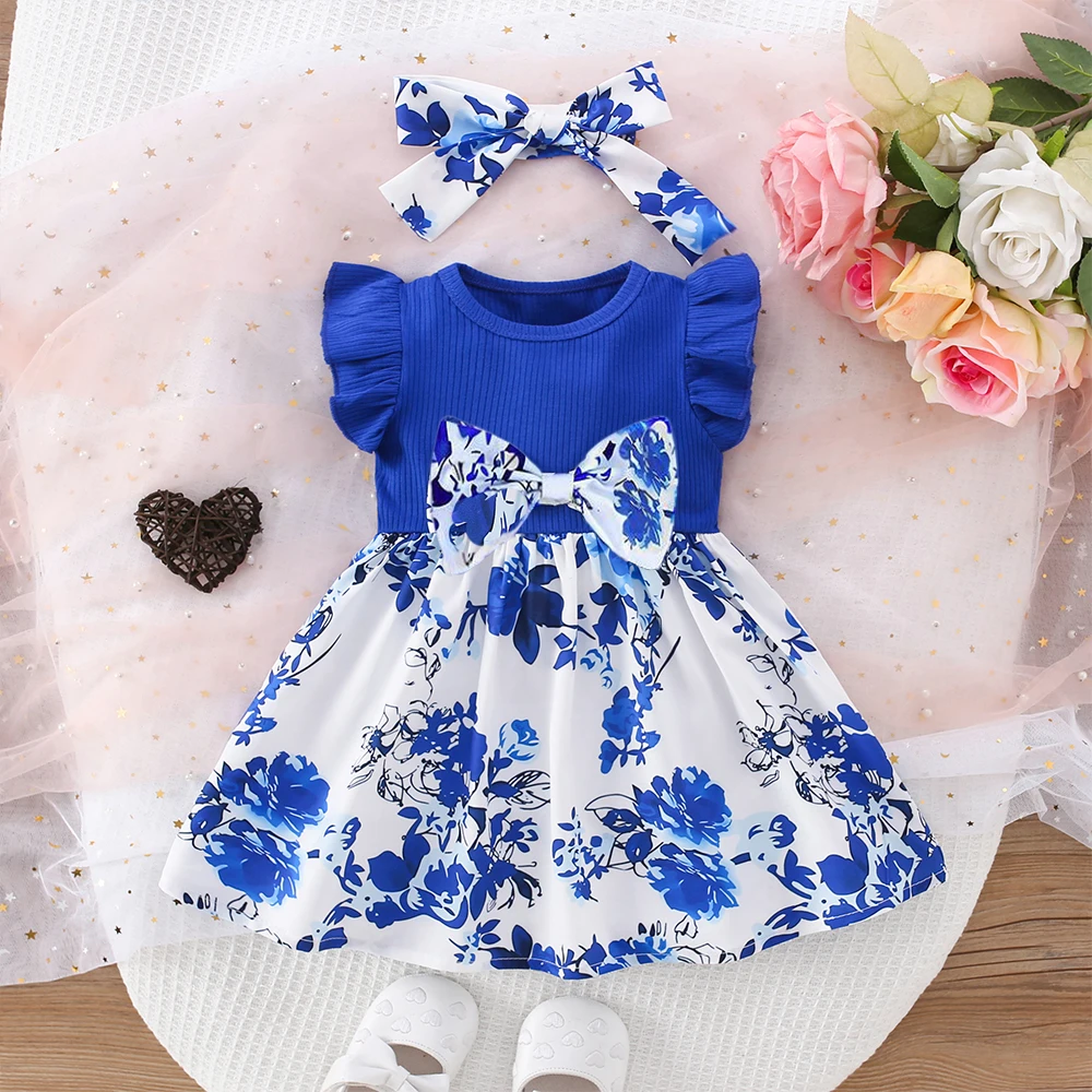 Summer New Baby Girl Dress Small Flying Sleeve Pleated Bow Ribbon Blue and White Porcelain Elements Chinese Style Birthday Party