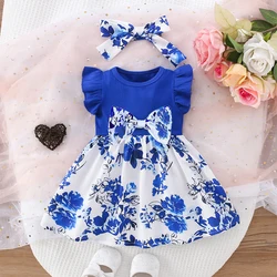 Summer New Baby Girl Dress Small Flying Sleeve Pleated Bow Ribbon Blue and White Porcelain Elements Chinese Style Birthday Party