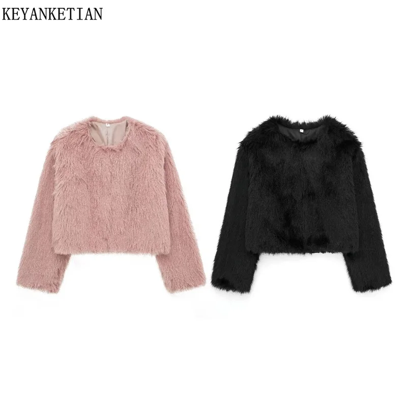 

KEYANKETIAN Winter New Women's Faux Fur Effect Coat Crop Jacket Fly Button-up Elegant Luxury Solid color Outerwear Female Top