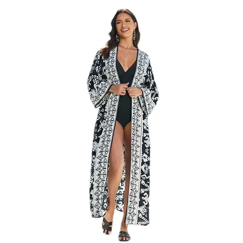 Kimono largo con estampado bohemio para mujer, túnica larga, cárdigan, Vestido de playa, ropa de playa, traje de baño con cinturón