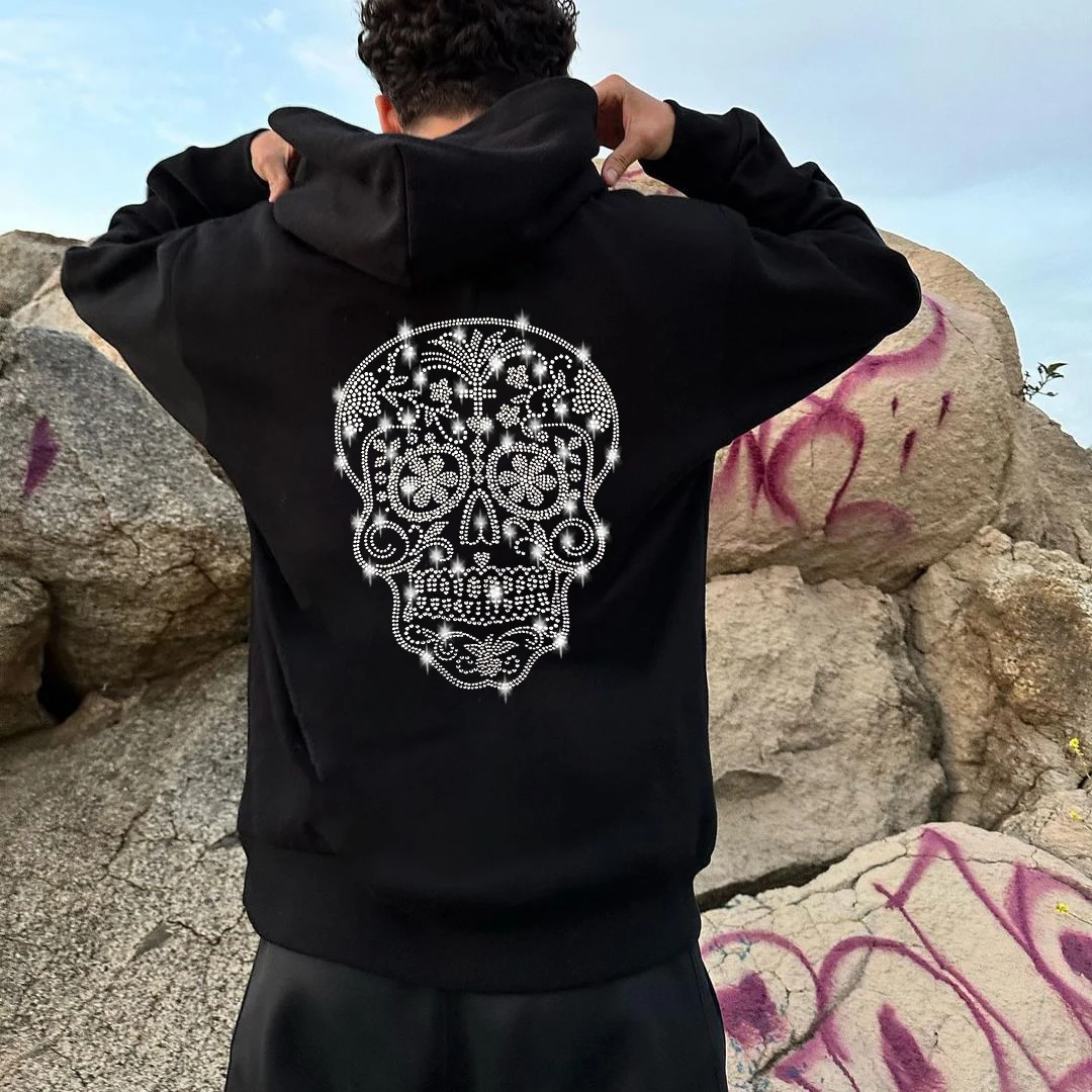 

Social Mens Loose Sweatshirt Hoodies Black Skull Rhinestone Hoody Male Casual Warm Party Jacket Coats Women Unisex Pullover New