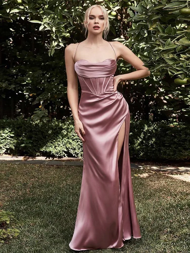 Robe de Soirée en Satin de Haute Qualité pour Femme, Tenue à Bandes dans le Dos, Taille XL, Nouvelle Collection Été 2024