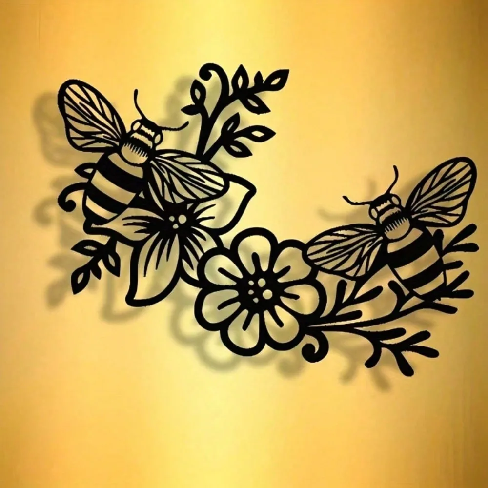 Black Iron Art Metal Wall Decor - Waterproof Bees & Plants Modern Minimalist Home Art
