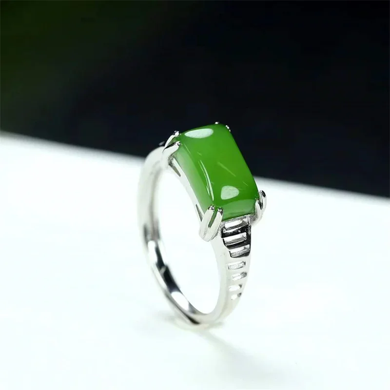 Hot Selling Natural Hand-carved 925 Silver Gufajin Inlaid Jade Square Ring Fashion Jewelry Men Women Luck Gifts