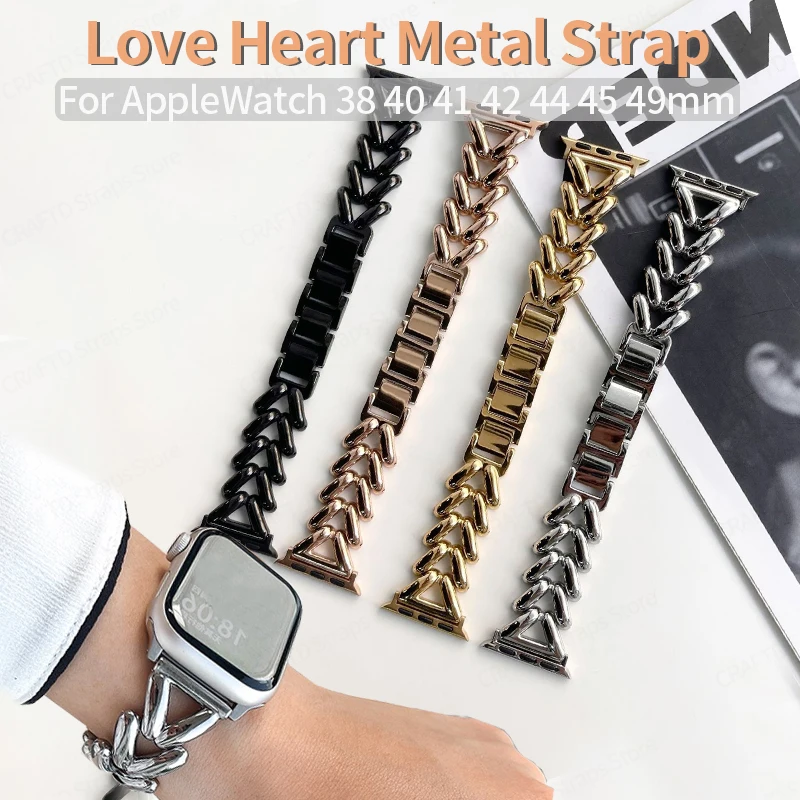 

Love Heart Metal Strap for Apple Watch 44mm Band 49 45 41 44 40 Luxury Bracelet for iWatch Series 7 5 4 3 6 Stainless Steel Band