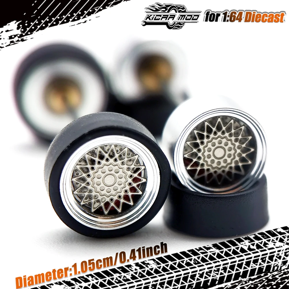 Kicarmod 1/64 Wheels for Model Car Alloy Hub with Rubber Tires Ball Bearing 10.5MM with Brake Disc Model Vehicle Refitting Parts