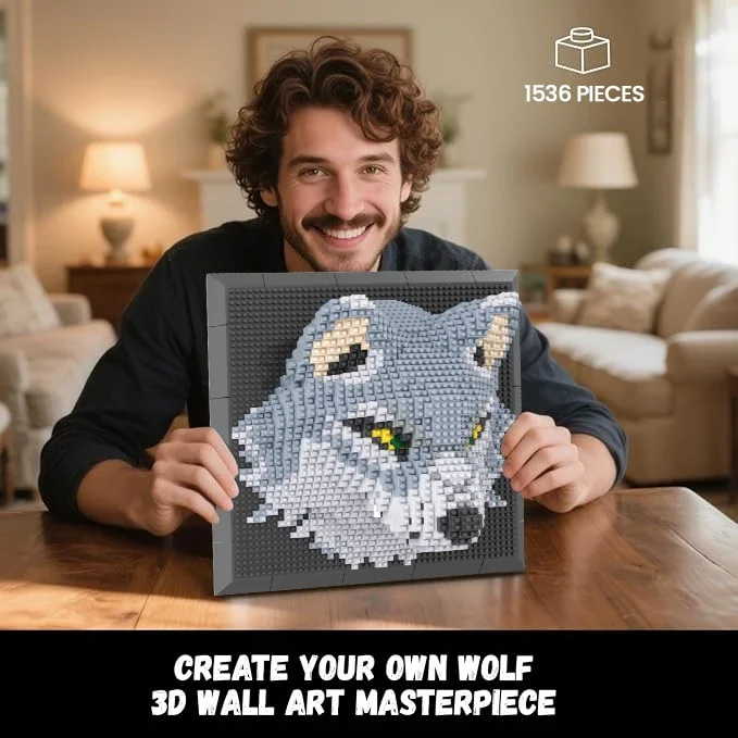 Creative Wall Art Frame Painting Featuring Wolf Diy 3D Micro Animal Building Block Toy for Adults Wall Hanging Home Decor Gifts