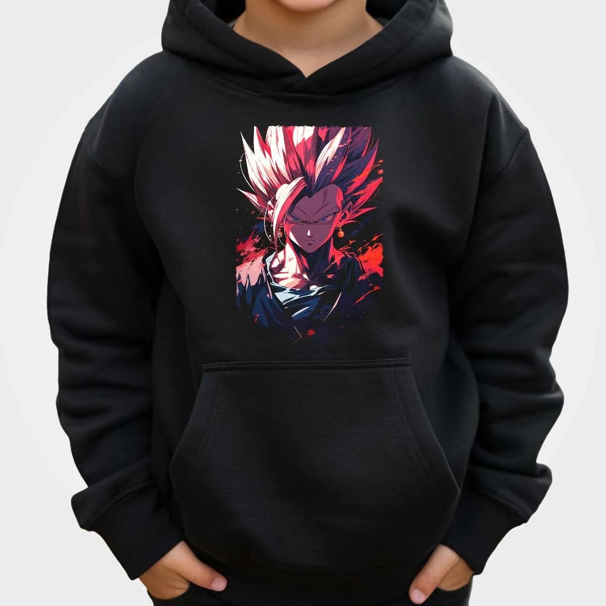 سترة بغطاء للرأس للأطفال من Dragon Ball Vegito مع أذرع متقاطعة، شعر أزرق وأبيض، طباعة شخصية الرسوم المتحركة، تصميم جرافيك رائع للأولاد والبنات