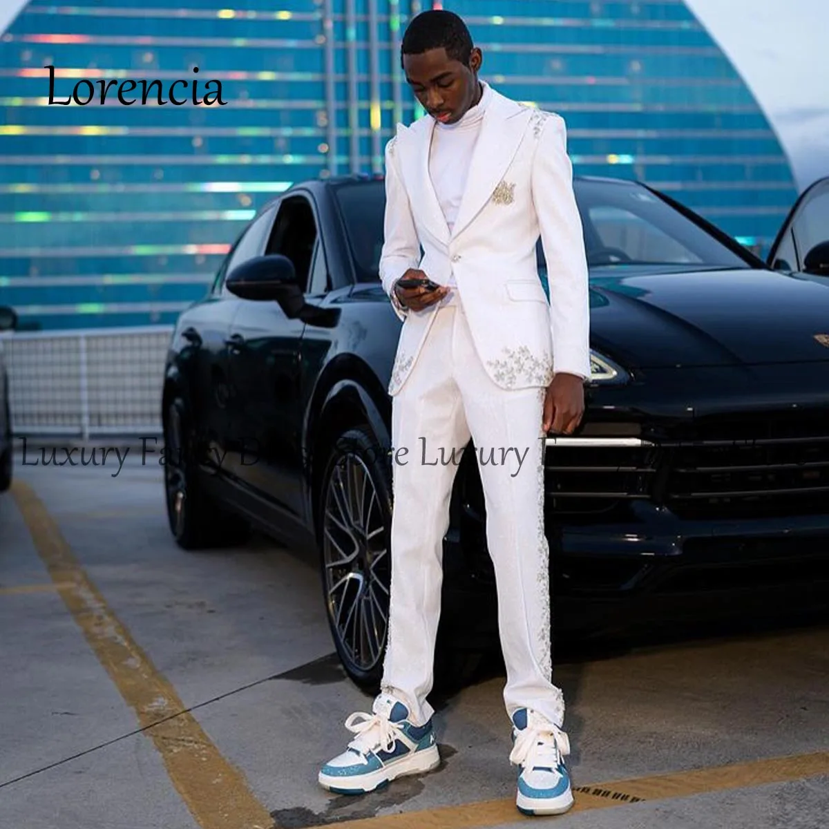 Customized Exquisite 2024 Diamond Men Tuxedos Shawl Lapel Lace Wedding Suit 2 Pieces Sets Groom Male Prom Blazers Costume Homme