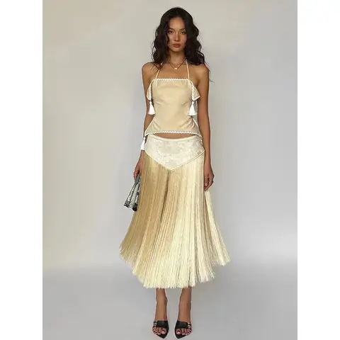 BKQU Vacation Tassel Skirts Suits Woman Sexy Halter Bandage Backless Irregular Crop Tops+Long Skirts 2 Piece Lady Beach Outfits