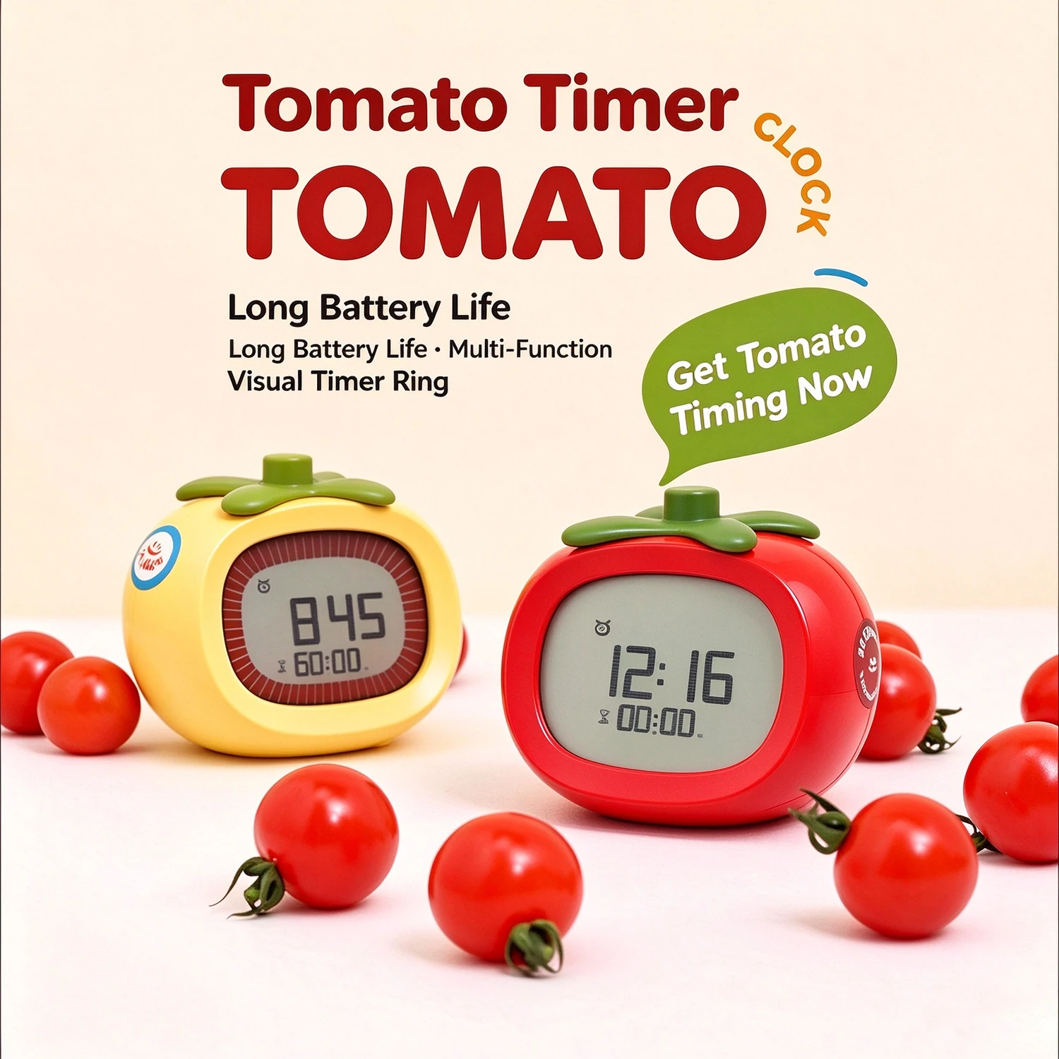Tomato Alarm Timer Multifunctional Clock, Student Desk and Bedside Table Decor, Dormitory Wake-Up Aid,Silent for Lazy Sleepers
