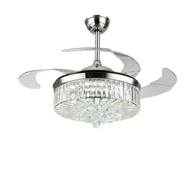 Bedroom Living Room Crystal Ceiling Fan with Light Remote Control Modern Dimmable Fan Invisible Retractable Chandelier
