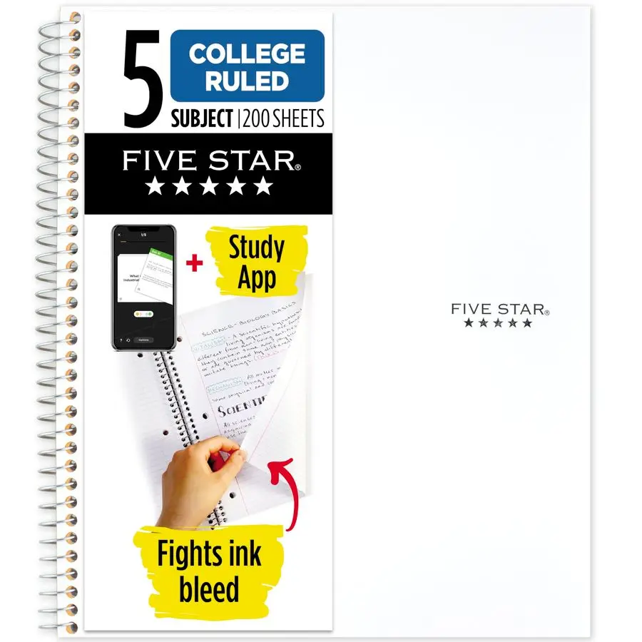 

Тетрадь на спирали для учебы, 5 предметов, линованные листы, 8,1 x 11 дюймов, 200 листов, защита от просачивания чернил, водостойкая обложка, белая.