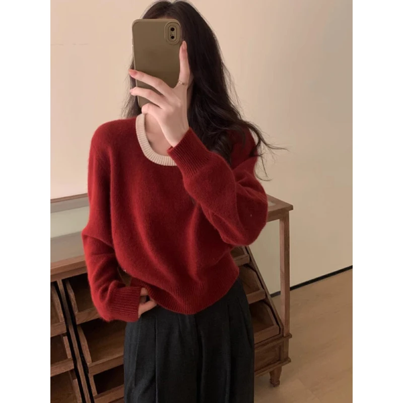 

Women's Knitting Sweaters Fall Winter Korean Style O-Neck Contrast Color Patchwrok Short Casual Loose Knitted Sweater
